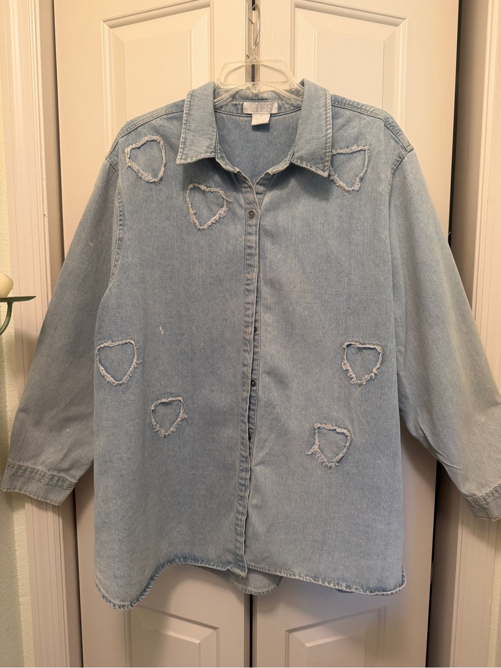 NATURAL LIFE Light Blue Distressed Heart Denim Button-Down 100% Cotton 3X